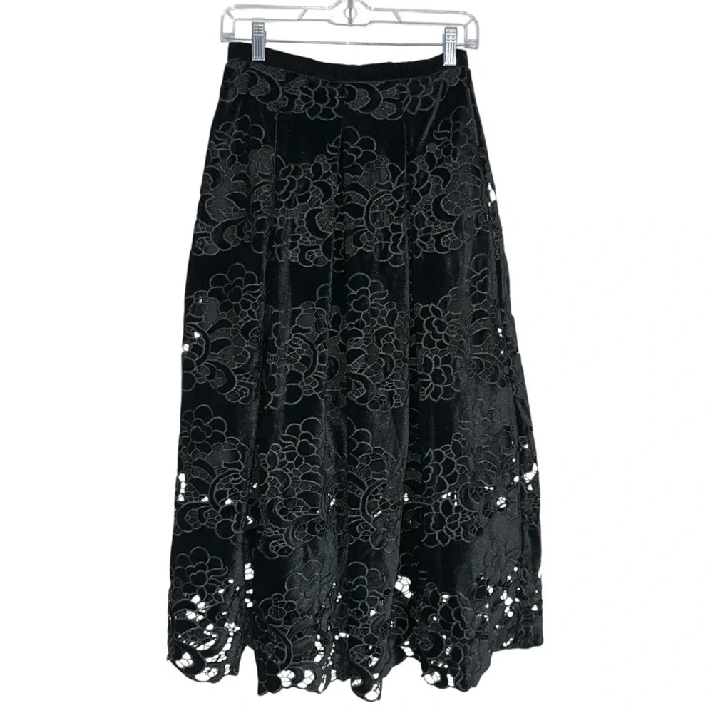 Antonio Melani Embroidered Floral Black Velvett Midi Skirt